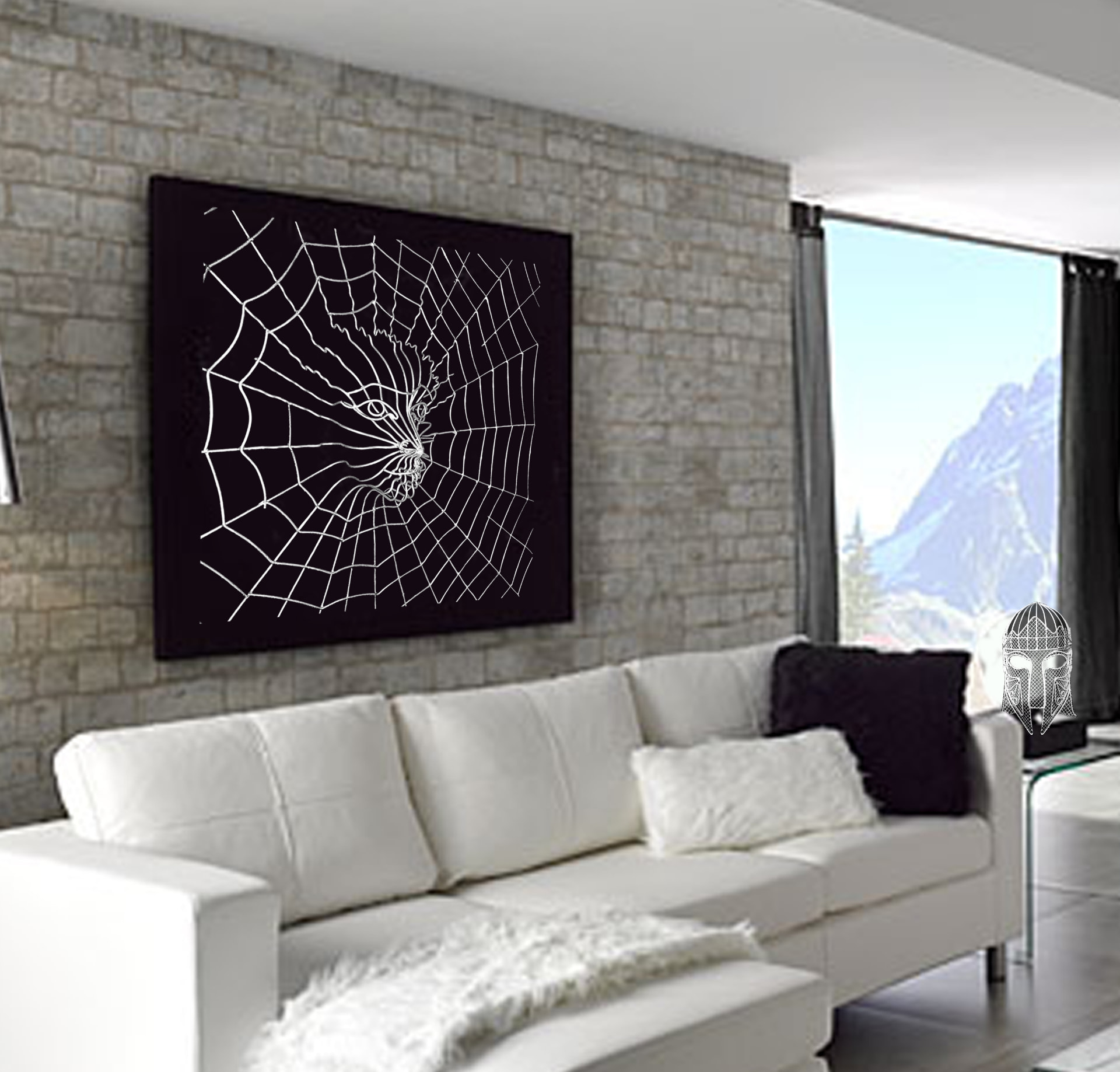 Wire web artwork with a hidden face rendered in silver thread over a black canvas