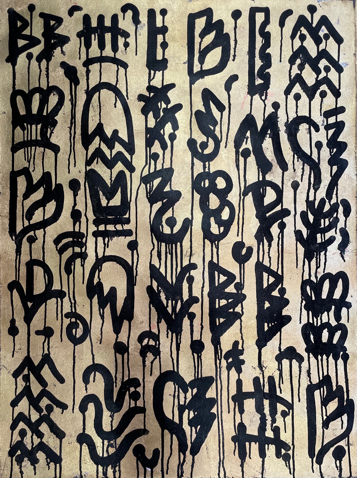 Gold Rush — black dripping calligraphic symbols over a warm gold ground