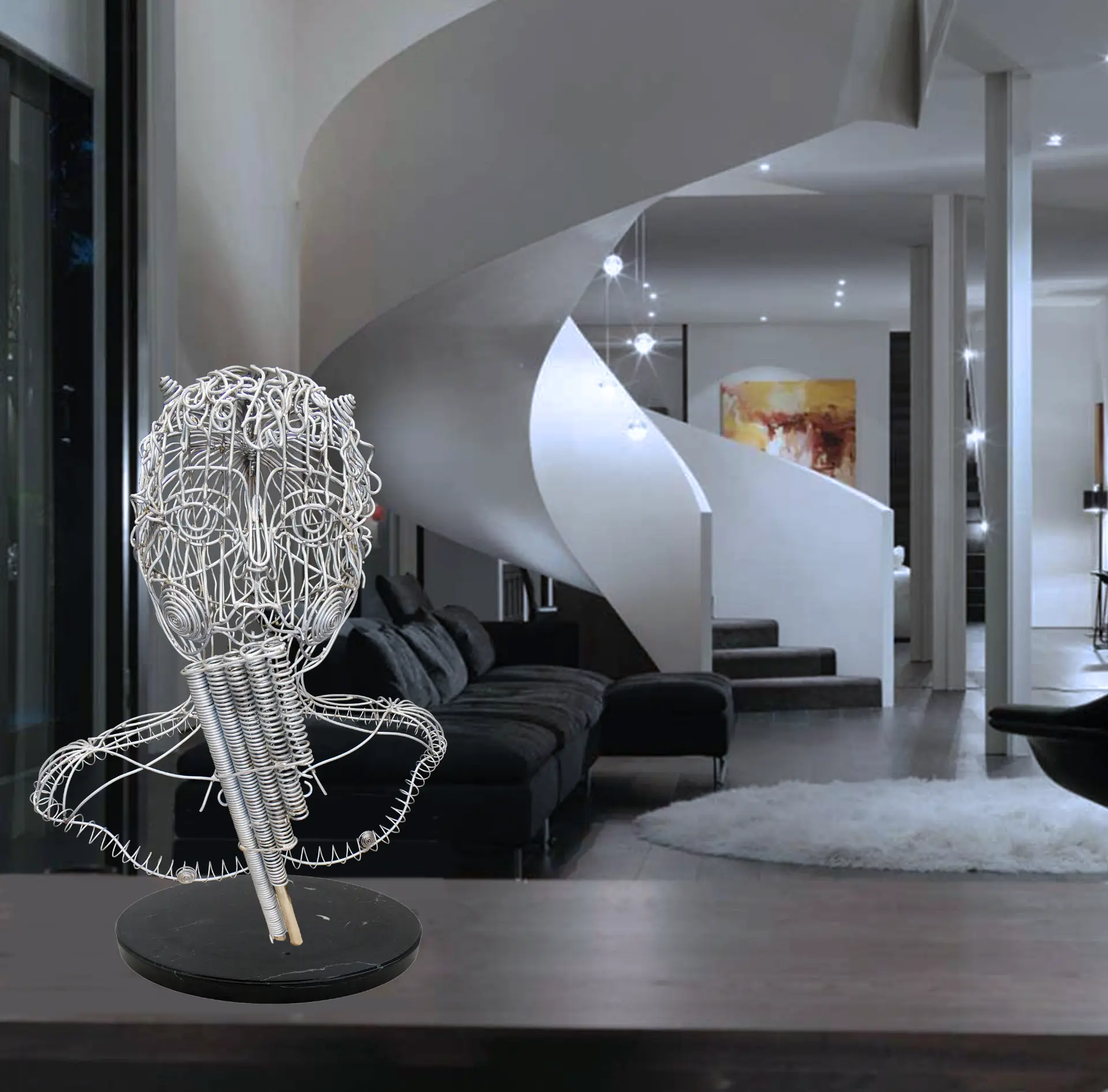 Wire sculpture of the Fauno head and shoulders on a black marble base in a modern interior