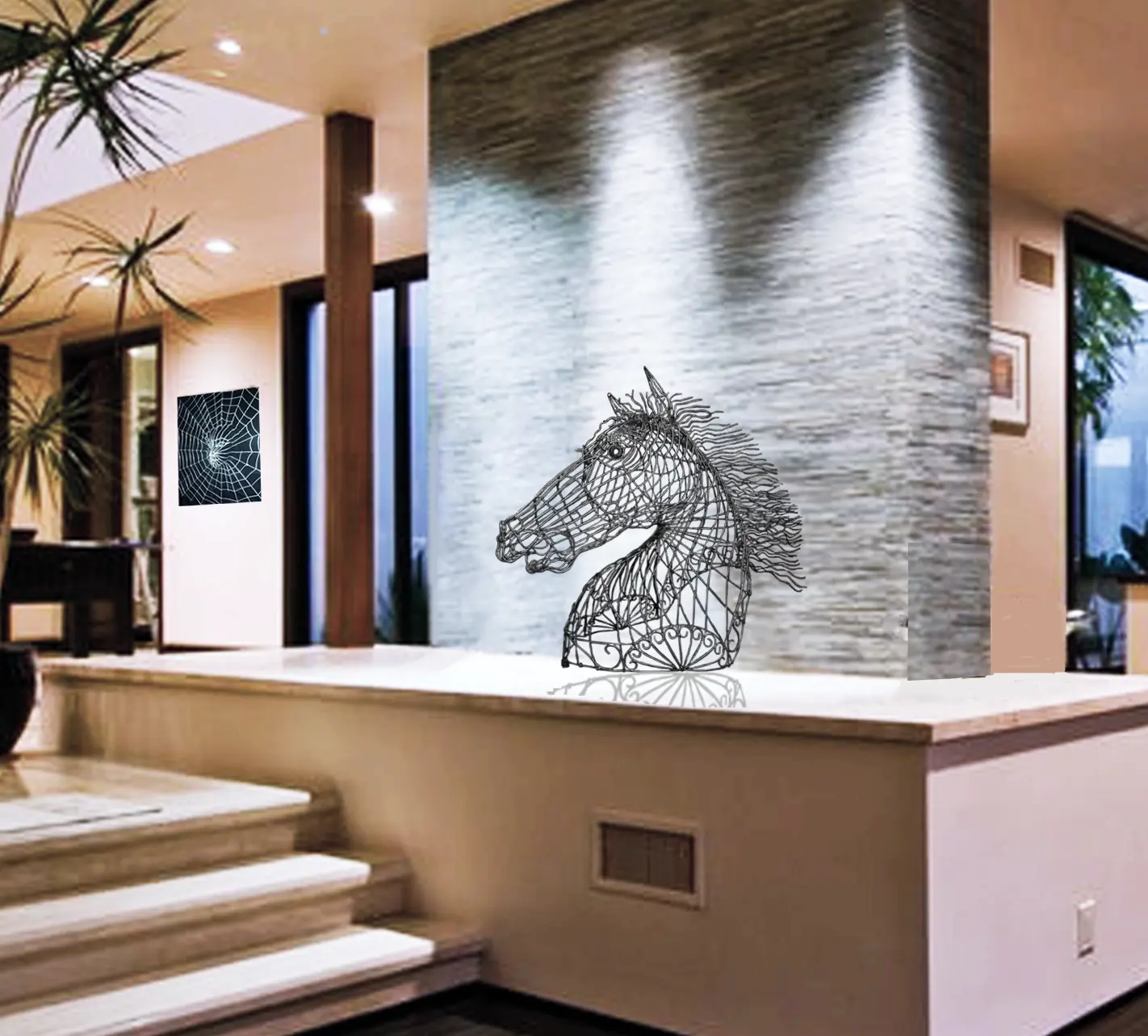 Black wire horse head sculpture in a stone entrance hall
