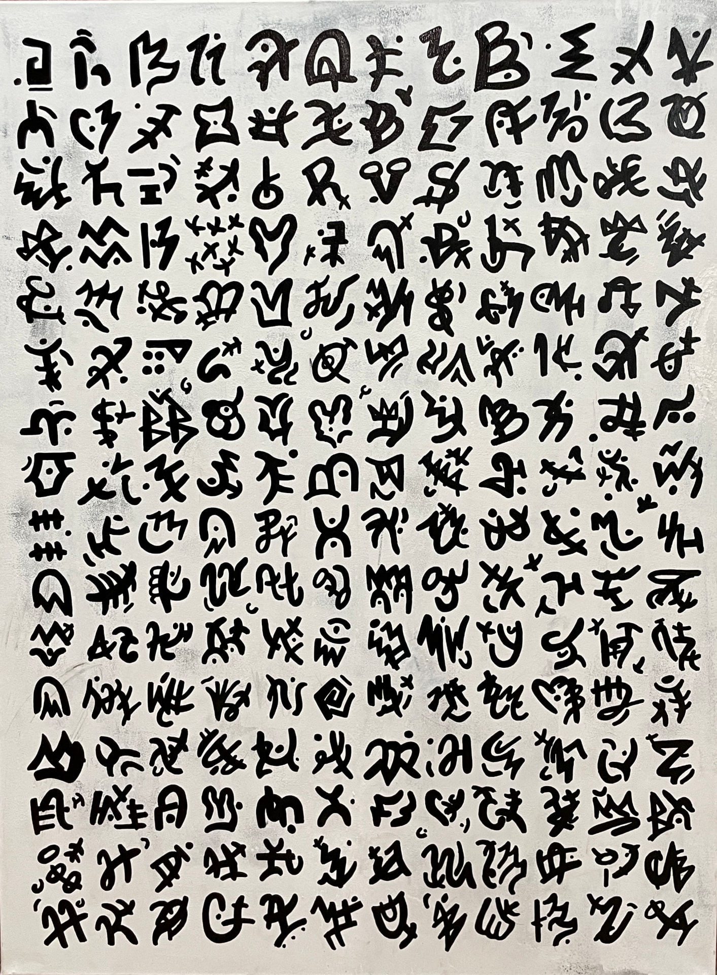 Ashes, Everything I Wish I Could Say — grid of bold black invented glyphs over a pale textured ground